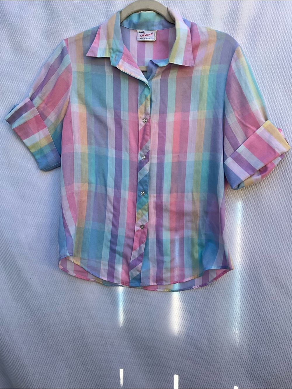 Vintage 80s Shirt Accent Pastel Rainbow Plaid Blouse Cuffed Short Sleeve 14 USA